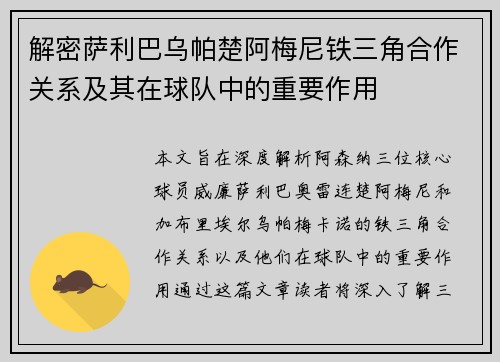 解密萨利巴乌帕楚阿梅尼铁三角合作关系及其在球队中的重要作用