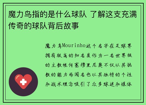 魔力鸟指的是什么球队 了解这支充满传奇的球队背后故事